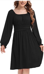 NEW Puff Sleeve Dress Swing Casual Square Neck Flowy Elastic Waist A-Line S - Picture 1 of 7