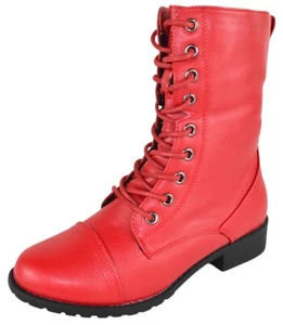 Forever Mujeres Combate Ejército Botas Con Cordones Cremallera Lateral Botines JALEN-88 Rojo Caliente - Imagen 1 de 4