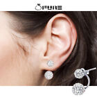 Pure 925 Sterling Silver White Round Disco Dual Ball Stud Earrings For Women 