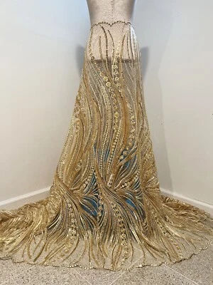 GOLD Beaded Sequins Embroidery Bridal Lace Fabric 50” Width Sold By Yard - Image 1 of 4