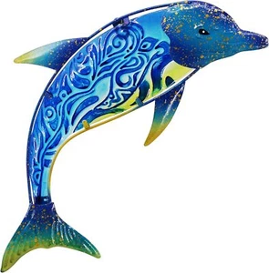 Dolphin Wall Decor Outdoor Metal Hanging Art Glass Sculpture Decoration 17.5 In - Picture 1 of 7