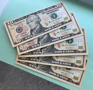 2013 $10. FEDERAL RESERVE NOTES 5 CONSECUTIVE SAN FRANCESCO DISTRICT GEMS - Picture 1 of 3