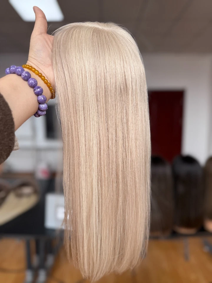 Premium 16" 5x6" Ash Blonde Monofilament Base European Human Hair Toppers - Image 1 of 4