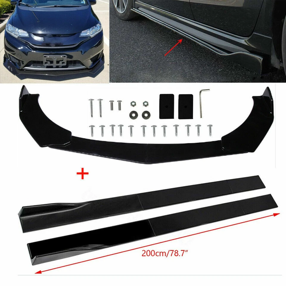 Car Side Skirts Extension Panel + Front Bumper Lip Winglet Bosy Kit Gloss Black — 第 1/4 张图片