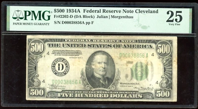 1934 $500 Federal Reserve Note Bill FRN FR-2202-D. Certified PMG 25 (Very Fine) - Image 1 of 2