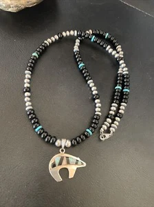 Turquoise Opal Inlay Pendant Black Onyx Navajo Sterling Silver Necklace 12698 - Picture 1 of 12