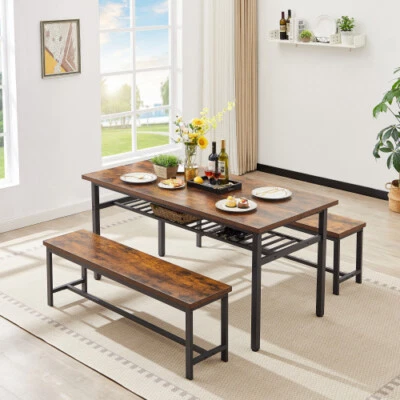 3 Piece Dining Table Set Oversized Table 2 Benches Home Restaurant Brown Wood - Image 1 of 4