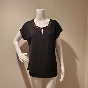 NWT Notations Grommet Keyhole Neckline Black Short Sleeved Shirt M - Picture 1 of 5