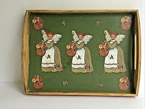 Decorative Wooden 13.5 x 10.5" Serving Tray with Handles Angels Flowers - Picture 1 of 10