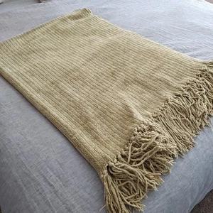 Restoration Hardware Chenille Spring Green Soft Ribbed Fringed Throw Blanket - Picture 1 of 15