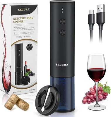 Abridor de vinho elétrico de aço inoxidável Secura, compacto recarregável, preto  - Imagem 1 de 4