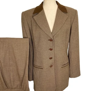 Pantalones Pata de Gallo Traje Mujer Grande Marrón Tostado Tejido Gamuza Hecho a Mano Carrera De Colección - Imagen 1 de 17