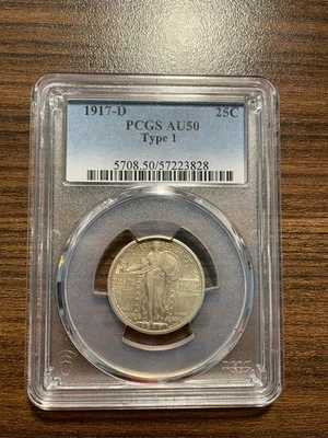 Cuarto de plata 1917-D Type One Standing Liberty 25C graduación profesional AU 50 tipo 1, sin estrellas Foto 1 de 4