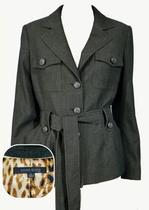 Classic Anne Klein Belted Safari Suit Jacket Animal Cat Print Lining Sz 10 - Picture 1 of 6