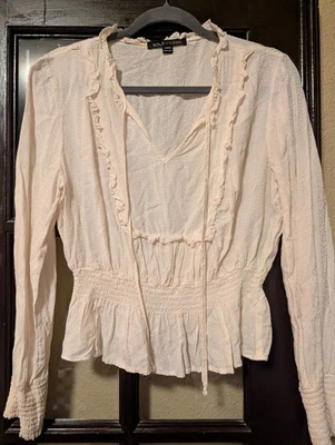 Soulmates Women's Large Cream Ruffle Peasant  Blouse Smocked Waist & Cuffs Boho - Image 1 of 4
