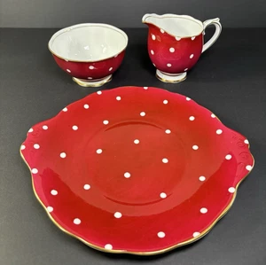 Royal Albert Bone China Polka Dot Series Red & White Footed Creamer, Bowl,Plate - Picture 1 of 21