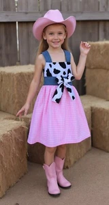Western Wear Country Cowgirl Farm Pink Gingham Cow Denim Dress - Picture 1 of 3