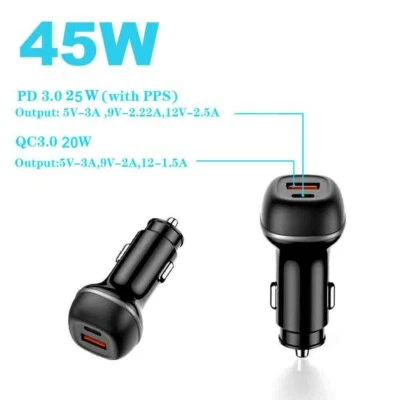 Mini USB Type-C 45W- 2-port Fast Car Charger Adapter For Apple iPhone Samsung - Image 1 of 4