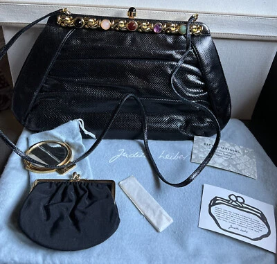 Bolsa de mão vintage Judith Leiber couro réptil com miçangas (EB278) - Imagem 1 de 4