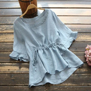 Verano Lo último Mujeres Informal Suelta Color Sólido Cuello Redondo Plisado Camiseta Algodón - Imagen 1 de 12