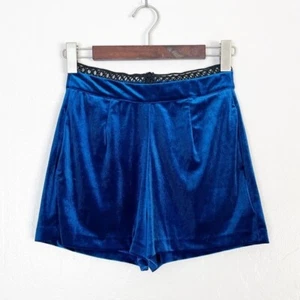 KARINA GRIMALDI Women's Size XS Blue Lia Velvet High Waisted Shorts Lace Trim - Picture 1 of 9