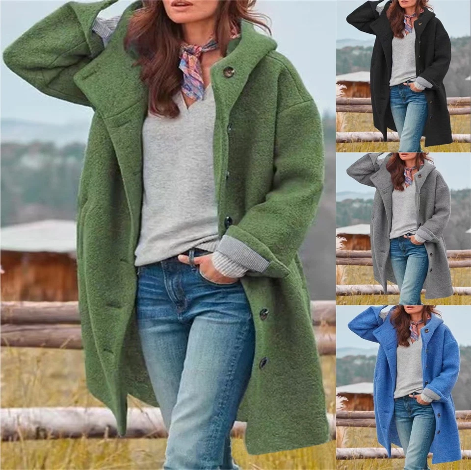 Women's Hooded Coat Casual Single Breasted Long Autumn Winter Jacket UK