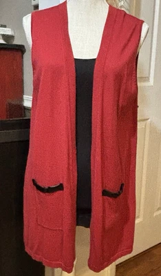 Joan Rivers Suéter Chaleco Mujer L Rojo Tejido Largo Imitación Cuero Borde Informal Formal Foto 1 de 4