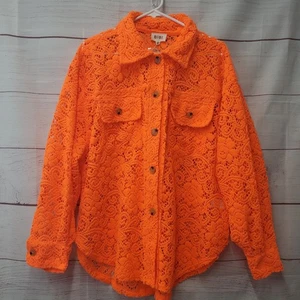 NEW BiBi Neon Orange Floral Lace Crochet Shacket Top Medium Long Sleeve Cut-out - Picture 1 of 13