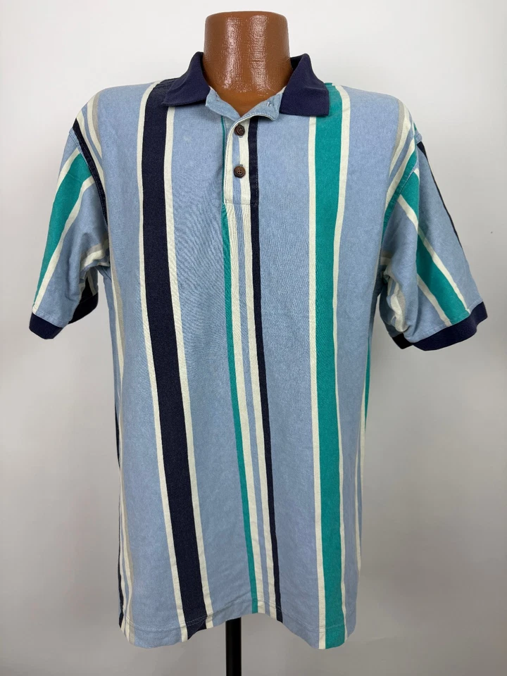 Camisa Polo Vintage Años 90 Colorblock Hombres Mediana Rayas Preppy Algodón Azul Hecha en EE. UU. Foto 1 de 4