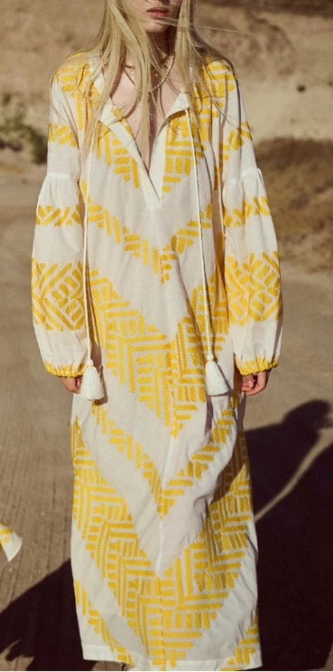 Maxi Vestido Túnica Devotion Twins Balos Bordada Amarillo Blanco Talla S De Gran Tamaño Foto 1 de 4