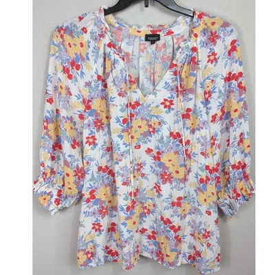 Blusa Campesina Floral Jones & Co 1X Mujer Boho Rojo Amarillo Azul Manga 3/4 Top Foto 1 de 4