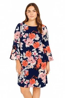 Eliza J Floral Print Shift Dress 12 Navy Blue Pink Bell Sleeve Wedding Guest - Image 1 of 4
