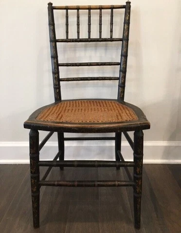 Emily Dickinson Side Chair Regency Faux Bamboo Black w/Grape Stencil & Cane Seat Cover
