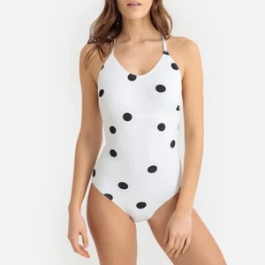 La Redoute Polka Dot Textured Piqué Crossover Back Swimsuit Size 16 White GFT715 - Picture 1 of 5