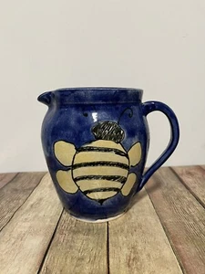 Studio Pottery Signed Pitcher With Hand Painted Bee Design, Blue, 6” Tall - Picture 1 of 6