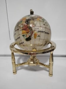 8" Tall Table Top Gold Stand White Pearl Gem Gemstone World Globe Map - Picture 1 of 21