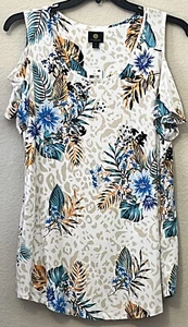 NWT JM COLLECTIONS Short Sleeve Blouse Cold Shoulder Tan Blue Floral Size 1X - Picture 1 of 9