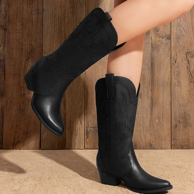 Botas vaqueras vaqueras vaqueras de mujer punta tacón bajo botas occidentales de media pantorrilla Foto 1 de 4