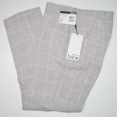NUEVO CON ETIQUETAS BAR III Pantalones de vestir ajustados 100 % lino gris a cuadros frente plano 30 x 30 Foto 1 de 4