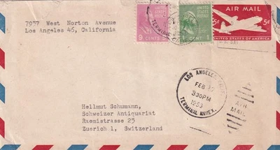 US Los Angeles California 1953 to Zurich Switzerland Air Mail cover SA65 - Image 1 of 2