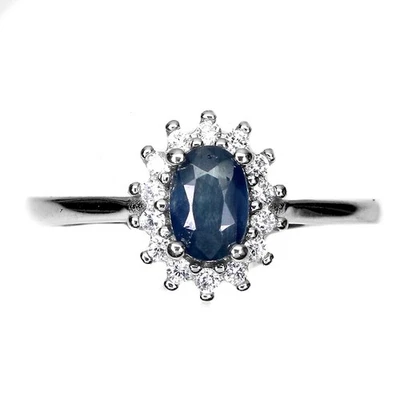 Anello in argento sterling 925 zaffiro blu ovale 6x4 mm gemma gioielli - Immagine 1 di 4