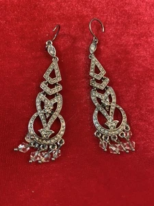 Beautiful Vintage MONET Marcasite Drop Silver Tone Dangle Earrings 2-1/2” - Picture 1 of 3