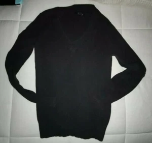 Damen Langarm V-Ausschnitt Pullover Schwarz Rippkante Lücke Medium - Bild 1 von 4
