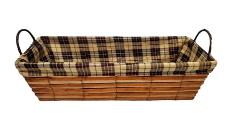 Rectangular Wood Bread Basket With Cloth Plaid Liner with Side Handles Cover