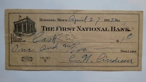 $1 1932 Hibbing Minnesota MN Cancelled Check! First National Bank - Picture 1 of 2