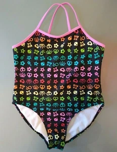 OP TAG 1 PC. SWIMSUIT BLACK W/ HOT PINK TRIM OP ART * XL (14 -16) LIGHTLY USED - Picture 1 of 5