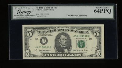 DBR 1995 $5 FRN Kansas City Fr. 1985-J Legacy 64 PPQ Serial J40150900B - Image 1 of 2