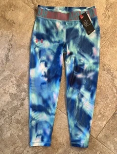 NWT Girls Under Armour Crop Athletic Legging HeatGear Ankle Blue tie dye Size Lg - Picture 1 of 9