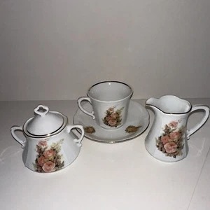 Set da tè vintage 4 pz, tazza da tè, piattino, crema e zucchero Chodziez made in Poland - Foto 1 di 20