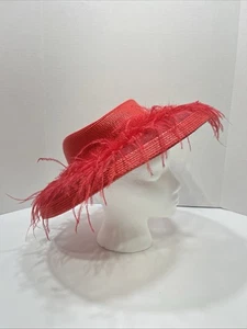 Vintage Women's Red Hat Red Feathered Wide-Brimmed Sun Straw Hat - Picture 1 of 10